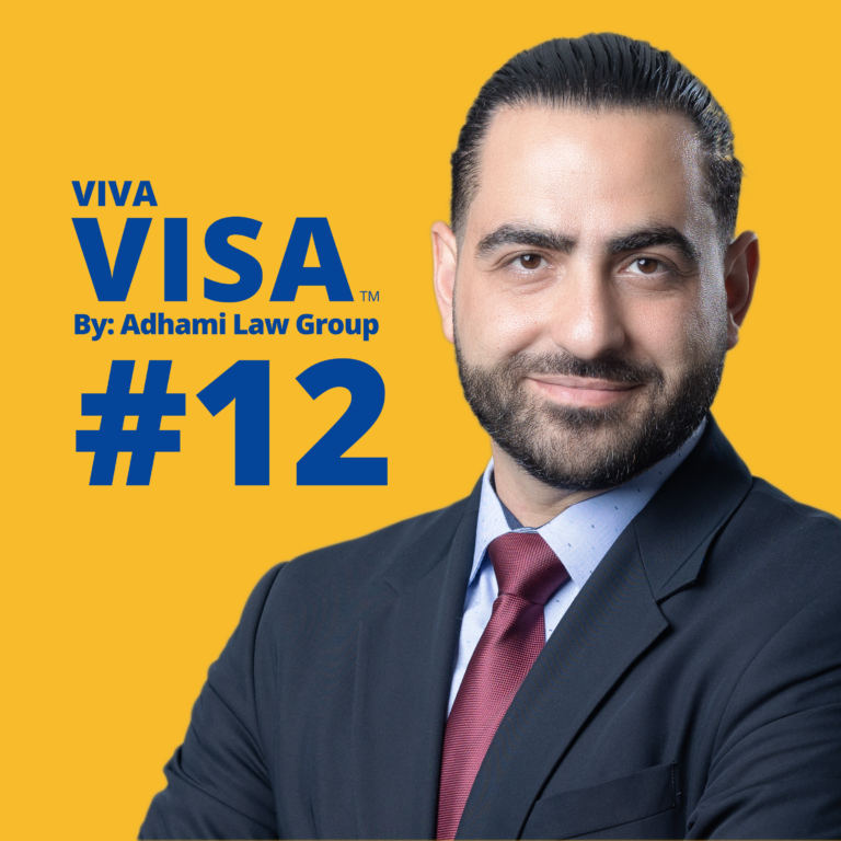 Portrait of attorney Kousha Adhami, the Founder of Adhami Law Group and a legal expert in immigration and SIJS laws, with the text "VIVA VISA By: Adhami Law Group #12" on a yellow background.